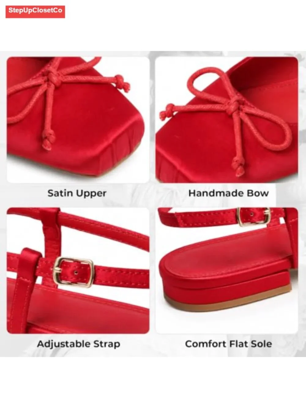 Square Toe Bow Dressy Flat Shoes with Ankle Buckles Satin
